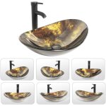 Puluomis - vasque � poser en verre, lavabo pour salle de bain, 53x35x16cm, ovale, noir jaune