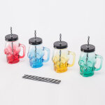 Verres relaxdays avec couvercle et paille, lot de 4, 500 ml, motif t�te de mort, bouchon � vis, anse, ...