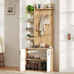 Vestiaire d'entr�e avec �tag�re, rangement � chaussures et pat�res, couleur bois