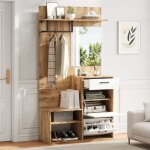 Vestiaire d'entr�e avec miroir, banc � chaussures, 1 tiroir et 2 armoires, couleur bois