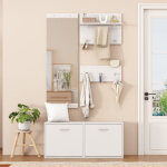 Vestiaire d'entr�e avec miroir, �tag�re ouverte, 6 crochets et meuble � chaussures, en bois, blanc