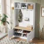 Vestiaire porte - manteau d'entr�e h180 cm avec banc, 4 crochets et rangement, mdf / pb, blanc et bois ...