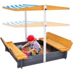 Bac a sable en bois naturel avec auvent, 1455 x 1200 x 1200 mm, bac a sable avec banquettes pliables ...