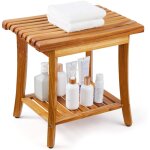 Vevor banc de douche en teck, 500 x 363 x 455 mm, tabouret de douche en bois impermeable avec etagere ...
