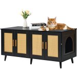 Meuble cache bac a litiere pour 2 chats, maison de toilette pour chat avec portes decorees en rotin, ...
