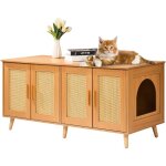 Meuble cache bac a litiere pour 2 chats, maison de toilette pour chat avec portes decorees en rotin, ... Meuble cache bac a litiere pour 2 chats, maison de toilette pour chat avec portes decorees en rotin, ...