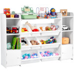 Vevor meuble de rangement jouets enfant a 4 niveaux avec bibliotheque, grande etagere deorganisateur ...