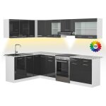 Vicco - cuisine d'angle rick, blanc / anthracite brillant, 267x167cm , pt marbre avec bande led