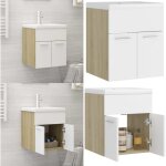 Armoire d'vier et lavabo intgr blanc / chne sonoma agglomr - meuble salle de bain - meuble vasque ...
