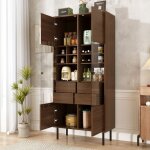 Vitrine avec 2 portes vitr�es et 4 tiroirs, buffet haute avec compartiments de rangement, 75, 5�35�164, ...