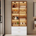 Eifson - vitrine 75x34, 5x170 cm, avec 2 grands tiroirs, 2 portes vitres, clairage led, 4 cloisons ...