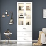 Vitrine blanche de 200 cm de hauteur, vitrine sur pied avec 3 tiroirs et 2 cloisons mobiles, 2 portes ...