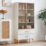 Okwish - vitrine blanche blanche, armoire haute avec clairage led, tagres mobiles et portes en verre, ...