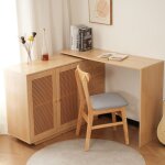 Vitrine bureau angle en l 126cm - table informatique avec portes en rotin, fonction coiffeuse int�gr�e, ...