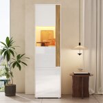 Vitrine colonne blanche avec �clairage led, meuble haut 179cm � 2 portes, biblioth�que de rangement 50x40cm ...