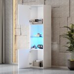 Modfu - vitrine led 45x35x160cm avec 2 portes, 1 �tag�re en verre, meuble haut, agglom�r�, blanc brillant ...