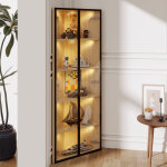 Vitrine led d'angle, �tag�re � 5 niveaux, verre tremp� et mdf, cadre alu, �clairage int�gr�, 62x35x160 ...