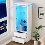 Vitrine led blanche, meuble haut avec 2 tiroirs et 2 �tag�res en verre, armoire de rangement salon / ...