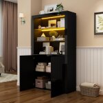 Vitrine led brillante, 100 x 35 x 170 cm led, 2 portes, �tag�res en verre, mdf laqu� noir