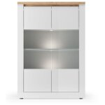 Vitrine sasha ? 2 portes vitrées + 3 étagères avec led intégrée ? blanc laqué et chêne cadiz Vitrine sasha ? 2 portes vitrées + 3 étagères avec led intégrée ? blanc laqué et chêne cadiz