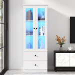 Vitrine en verre avec 2 tiroirs, vitrine ind�pendante en verre, �clairage led et port usb, avec �tag�res ...