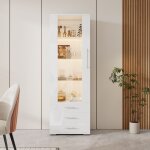 Vitrine en verre, � 3 tiroirs avec �clairage led, finition brillante, grand espace de rangement, vitrine ...