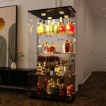 Tanant - vitrine en verre avec 4 tagres avec clairage led, bibliothque en verre autoportante noire ...
