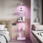 Vitrine en verre, avec 4 �tag�res, �clairage led int�gr�, biblioth�que en verre sur pied, vitrine led, ...