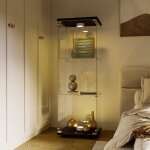 Vitrine en verre de scurit tremp avec clairage led, porte, 3 tagres, cadre en bois, serrures, cls, ...