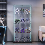 Vitrine en verre tremp� ? vitrine d'exposition moderne � 4 niveaux avec bandeau lumineux led, design ...