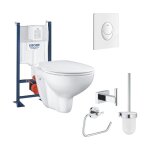 Wc suspendu sans bride + abattant + bti support + plaque commande blanc + accessoires salle de bain