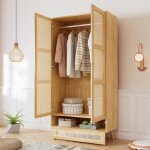 Wishdor - armoire avec tringle, 2 portes, filet en rotin, couvercle bas rabattable, en panneaux de particules ...
