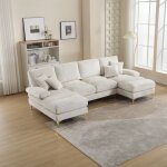 Wishdor - canap 4 places canap beige en chenille avec 2 siges inclinables, pour salon, chambre, bureau, ...