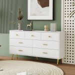 Commode � 7 tiroirs, commode blanche avec poign�es dor�es, pieds dor�s, glissi�res de tiroir lisses, ...