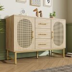 Wishdor - commode � 3 tiroirs avec 2 portes en rotin, anti - basculement, pour chambre et salon, ch�ne ...