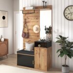 Wishdor - vestiaire d'entre, porte manteau avec miroir, armoire  chaussures, banc et patre, noir