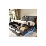 Lit coffre 140 x 190 cm, lit double rembourr, avec tiroirs, clairage led encastr, avec sommier  lattes, ...