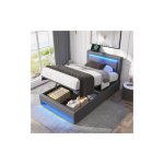 Lit coffre 90x190 cm, lit simple capitonn� avec port usb et �clairage led, similicuir, gris, sans matelas ...