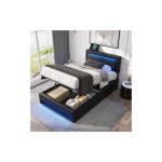 Lit coffre 90x190 cm, lit simple capitonn� avec port usb et �clairage led, similicuir, noir, sans matelas ...
