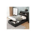 Lit coffre 90x200 cm, lit simple capitonn�, t�te de lit avec rangement cach�, avec sommier � lattes, ...