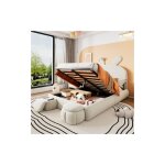 Lit coffre 140x200 cm lit capitonn lit enfant en oreilles de lapin avec bandes lumineuses, 2 tabourets ...