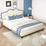 Lit double lit enfant capitonn 140 x 200 cm avec bords de protection doux, pu, blanc et bleu