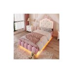 Wishdor - lit enfant 90x200 cm avec t�te de lit couronne, �clairage led t�l�command�, sommier � lattes, ...