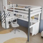 Lit mezzanine 90x200 cm avec meuble de rangement, bureau, tagres ouvertes, chelle latrale, sans matelas, ...