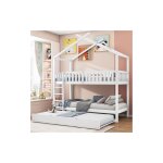 Lit superpos� enfant 90 x 200 cm avec lit gigogne et sommier � lattes, lit cabane, blanc