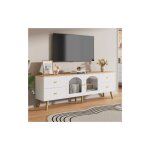 Wishdor - meuble tv blanc avec 2 portes latérales incurvées en verre trempé, poignées dorées, plateau ... Wishdor - meuble tv blanc avec 2 portes latérales incurvées en verre trempé, poignées dorées, plateau ...