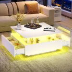 Wishdor - table basse blanche haute brillance, table basse carre led avec 2 tiroirs et zone de prsentation ...