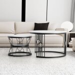 Table basse gigogne ronde, lot de 2, table basse gigogne blanche, pieds en métal noir Table basse gigogne ronde, lot de 2, table basse gigogne blanche, pieds en métal noir