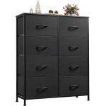 Commode haute 8 tiroirs, rangement tissu, cadre acier, plateau bois noir, pour chambre, placard, salon, ...