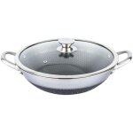 Wok 36cm - cheffinger - nid d'abeille - inox 18 / 10 - couvercle en verre - anti - rayures